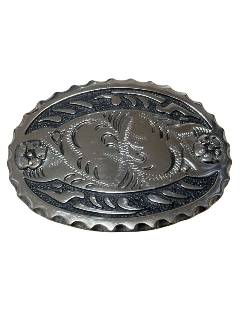 Oval Silver-tone Metal Western Belt Buckle w/ Floral Scroll Design Scalloped Edg